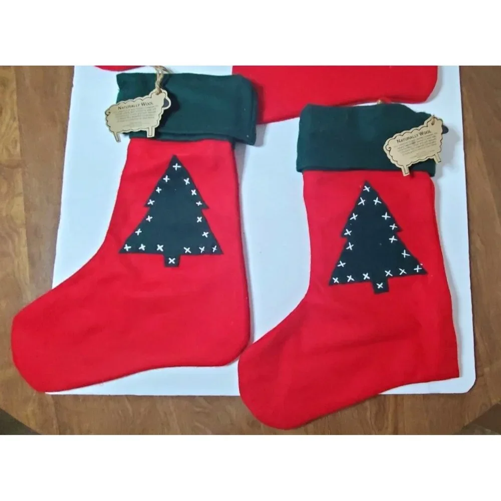 Set Of 4 Naturally‎ Wool Christmas Stockings With Green Cuffs & Tree Design